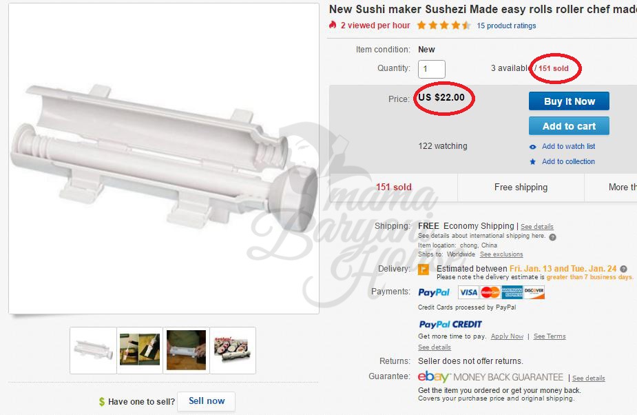 Tapi sejujurnya kalau anda player Ebay, anda takkan mungkin dedahkan barang apa yang anda jual. Sebab tu adalah periuk nasi anda. Takut-takut nanti seller lain akan jual dan sailang harga anda. Tapi saya dah nekad nak dedahkan jugak atas niat biarlah orang pun boleh buat macam ni jugak. Boleh bantu ekonomi diri sendiri dan family. Ok. sy rasa dah panjang sangat sy membebel. Saya cerita terus hasil dari kajian saya tu. Ini barangnya. Sushi maker Sushezi Bazooka. Jualan barang ini lah yg telah membantu saya menyelesaikan masalah hutang kad kredit saya, iaitu dengan hanya menggunakan dropship sahaja. Ini seller cina. Dia jual USD4.99 